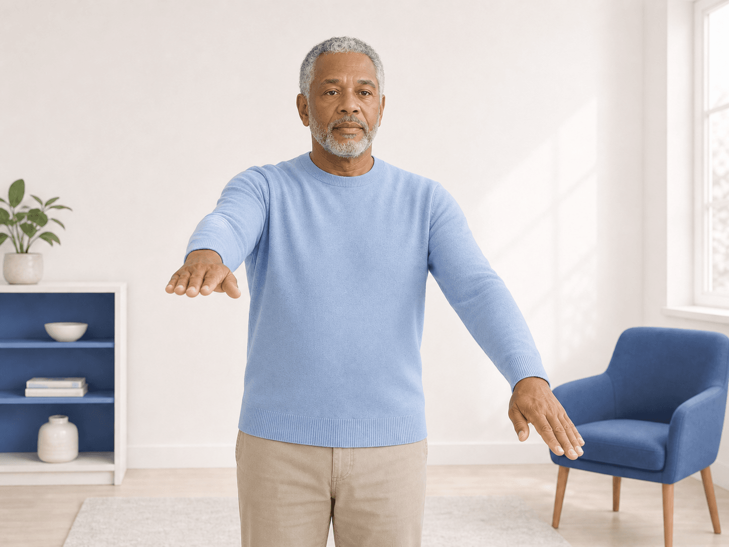 A man holds both arms forward while one arm drifts noticeably lower than the other.