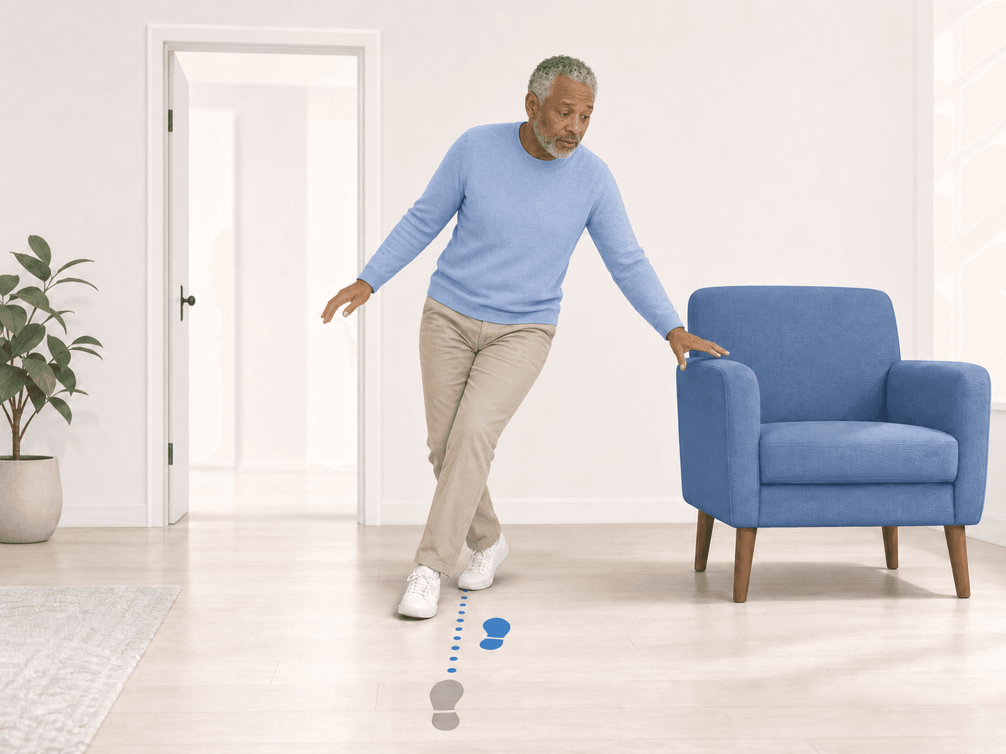 A person suddenly veers while walking and reaches for a nearby chair to steady themself.
