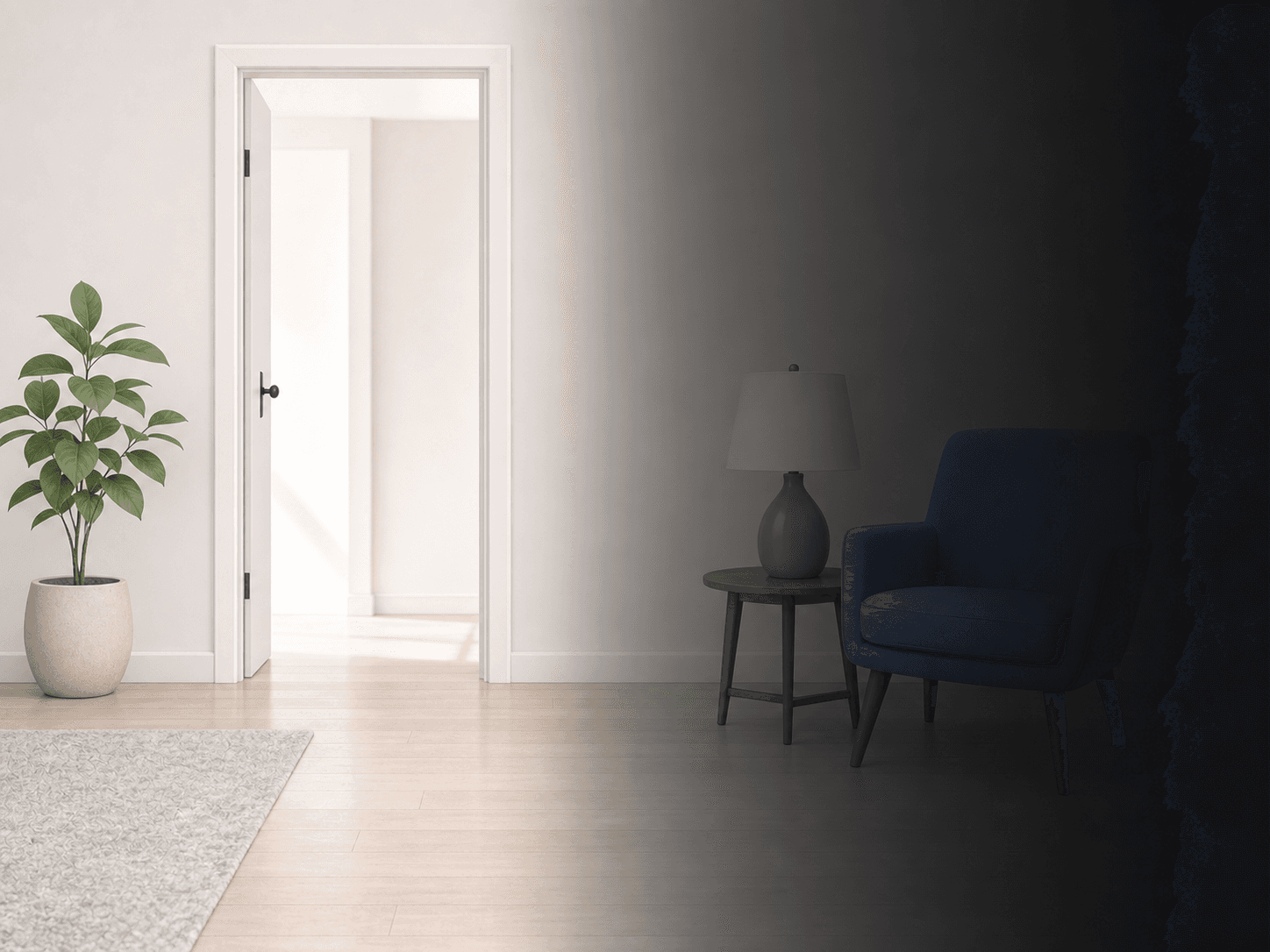 A first-person view of a bright room that gradually becomes dark across the right side.