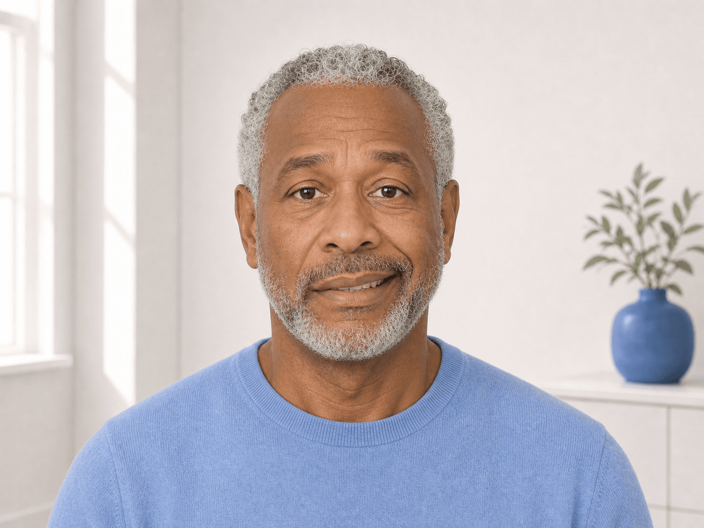 A man attempts to smile, but one corner of his mouth remains lower than the other.