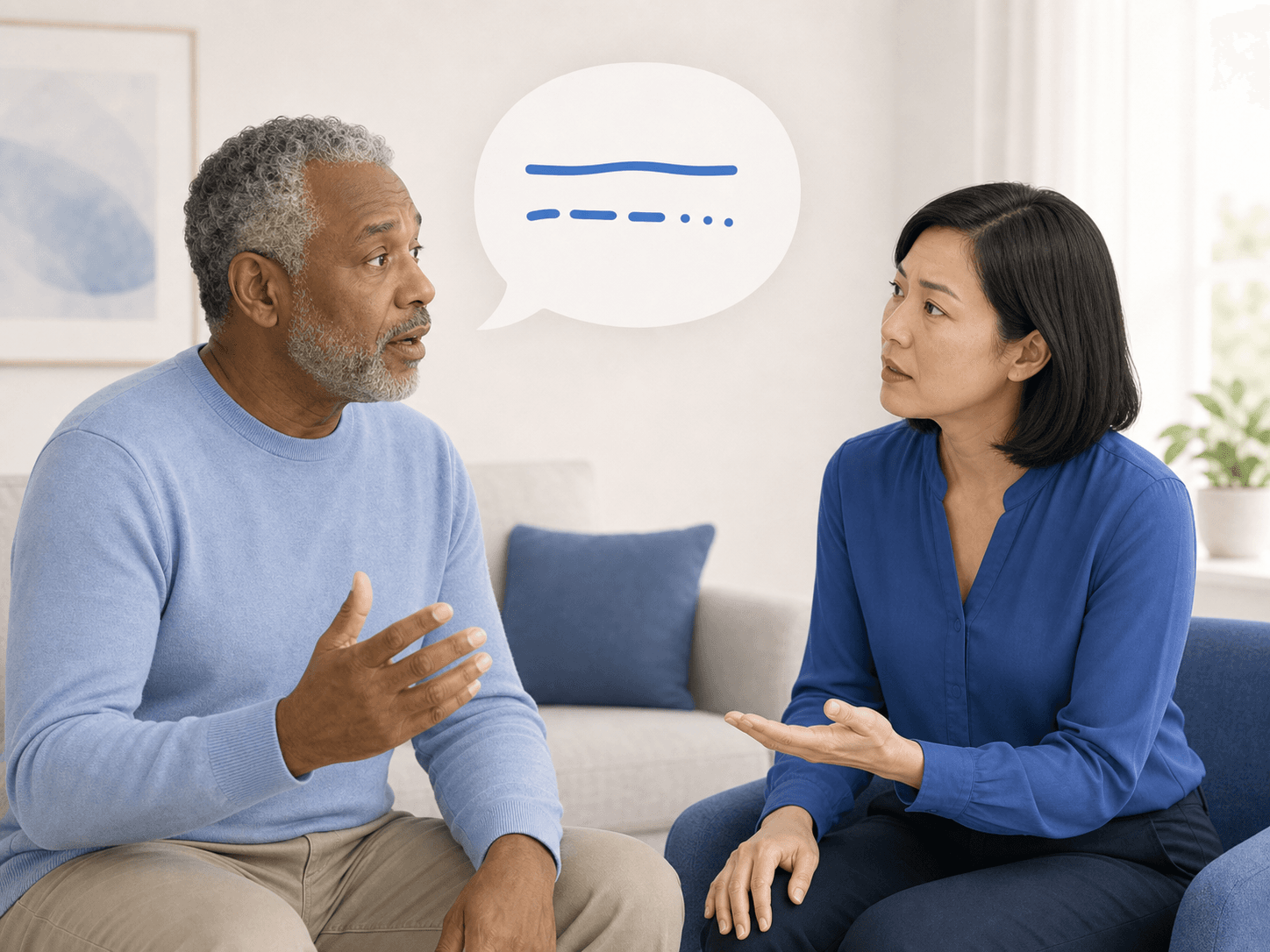 A man tries to speak to a woman while abstract sound lines in a speech bubble break into separated dots.