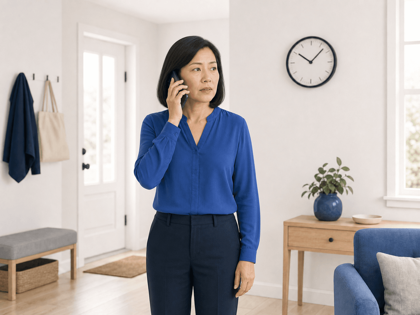 The caregiver makes an urgent phone call while a wall clock is visible behind her.