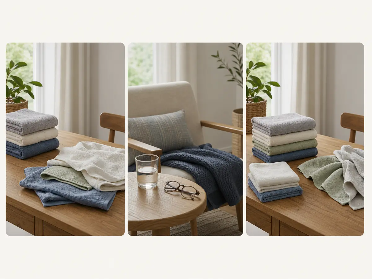 Three home scenes show partly folded towels, a quiet chair with water and glasses during a pause, and the same towel task resumed later.