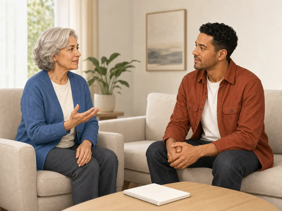 The same older woman gestures while speaking as her adult son listens patiently in a quiet room with a blank notepad nearby.