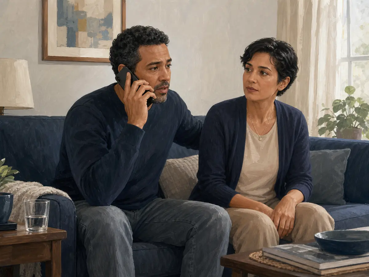 A caregiver calls 911 while an adult who had a sudden neurologic symptom sits safely nearby.