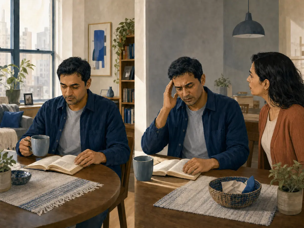 Two moments in the same room show an adult going from an ordinary activity to suddenly holding their head while another person responds.