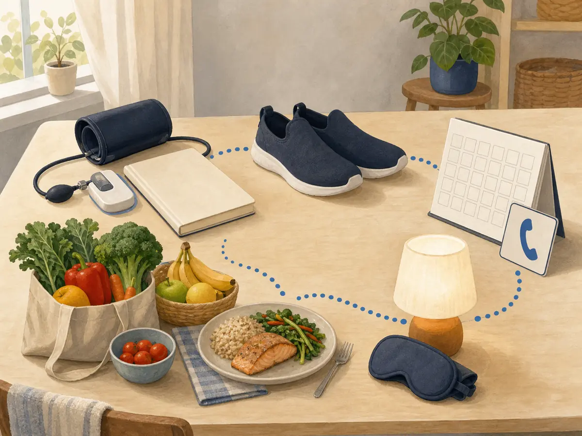 Everyday objects representing blood-pressure care, nourishing food, safe movement, sleep, and a care-team appointment are arranged as parts of one sustainable plan.