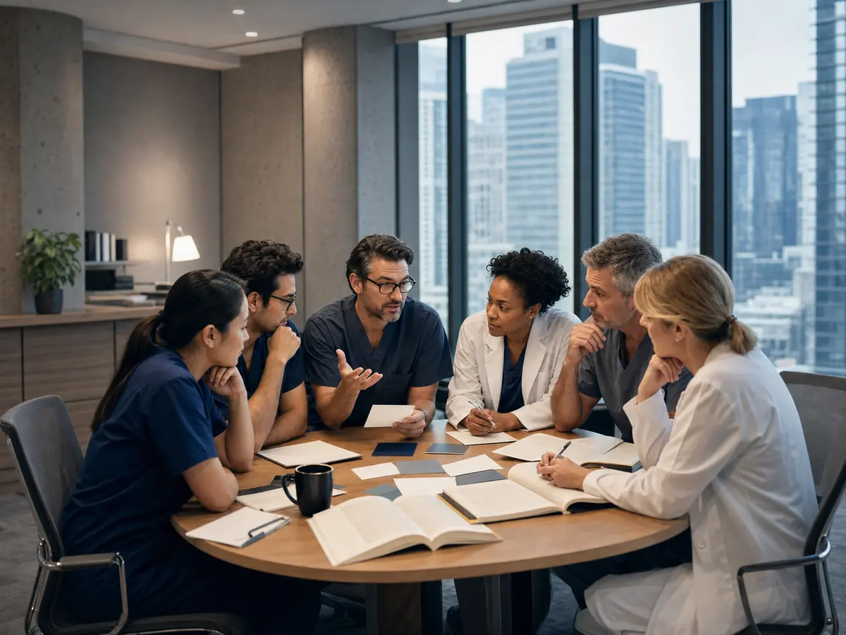 Six healthcare professionals gathered around a table for a collaborative clinical teaching discussion.